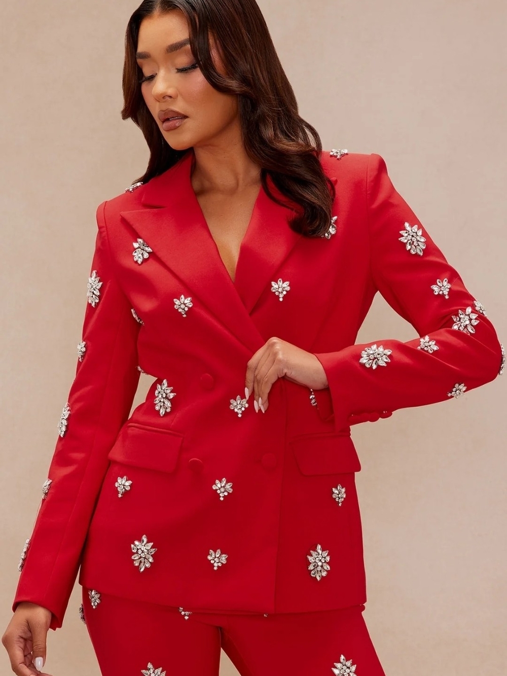Fashion Nova Red Verona Crystal-Embellished Double-Breasted Blazer